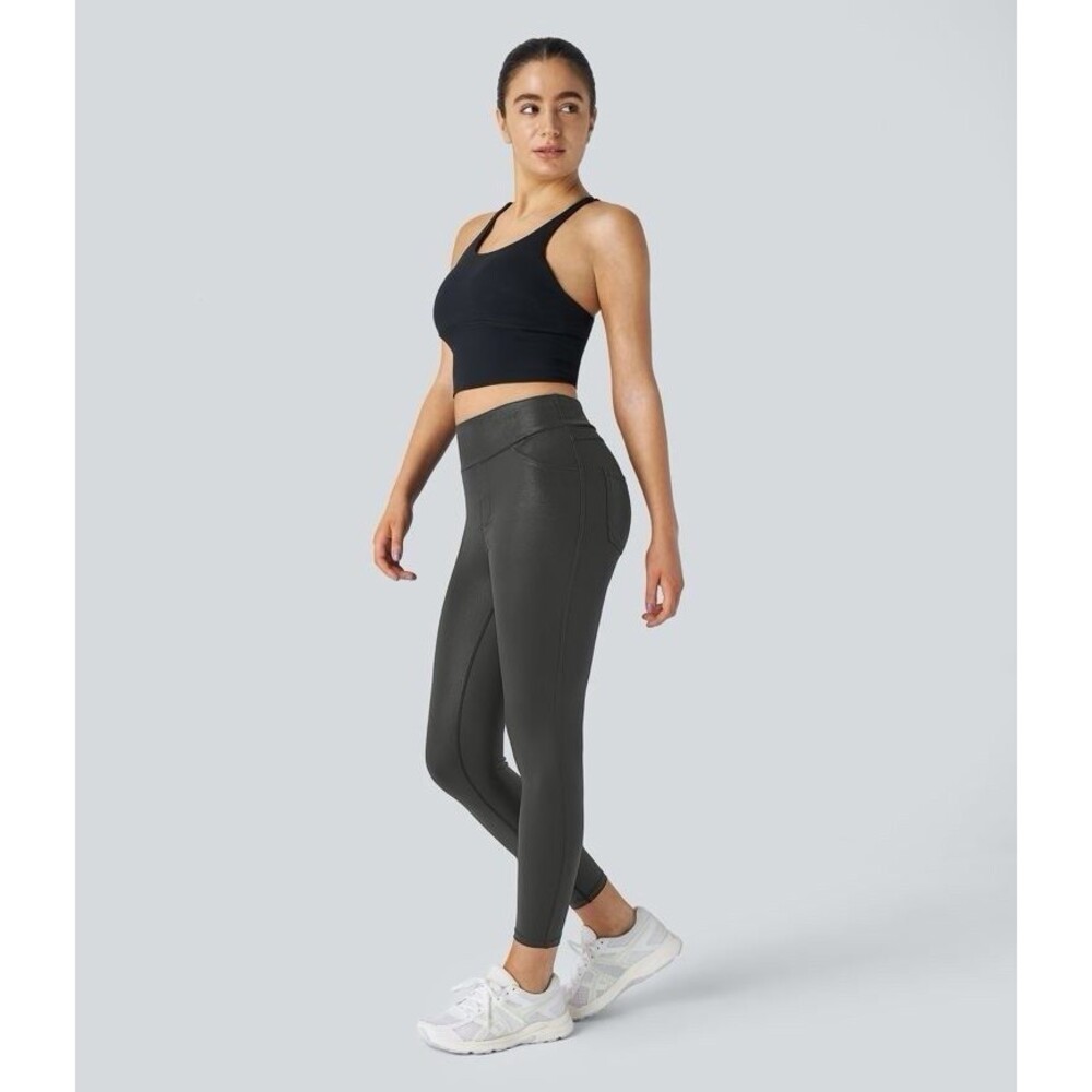 Halara Sz M Faux Leather Ankle High Waisted Pocket Work Leggings Shiny Black NEW - Picture 1 of 6